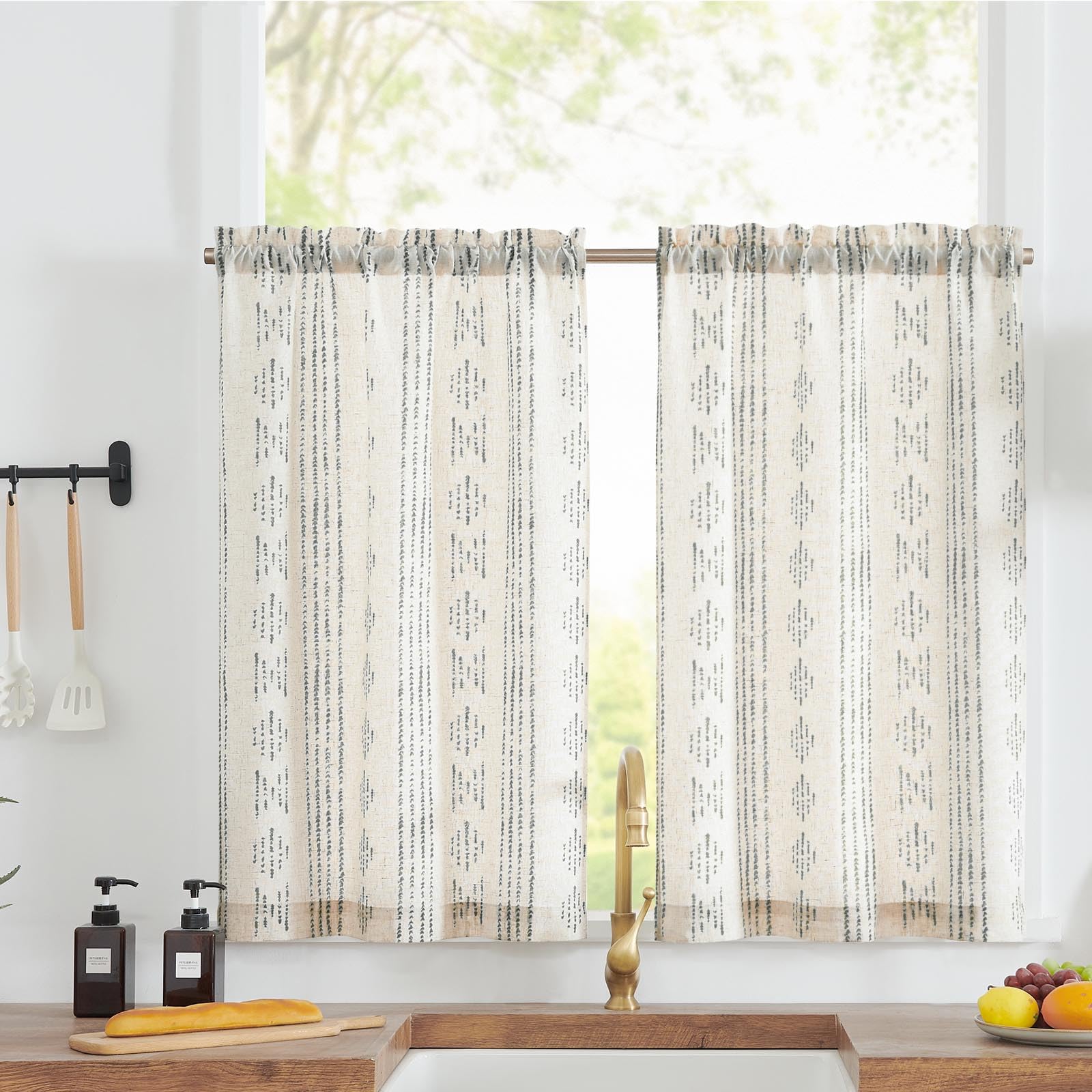 Jinchan Boho Kitchen Curtains Linen Tier Curtains 36 Inches Bohemian Small Cafe Curtains Gray Striped Farmhouse Curtains For Bathroom Rv Camper Light Filtering Rod Pocket 2 Panels Grey On Beige